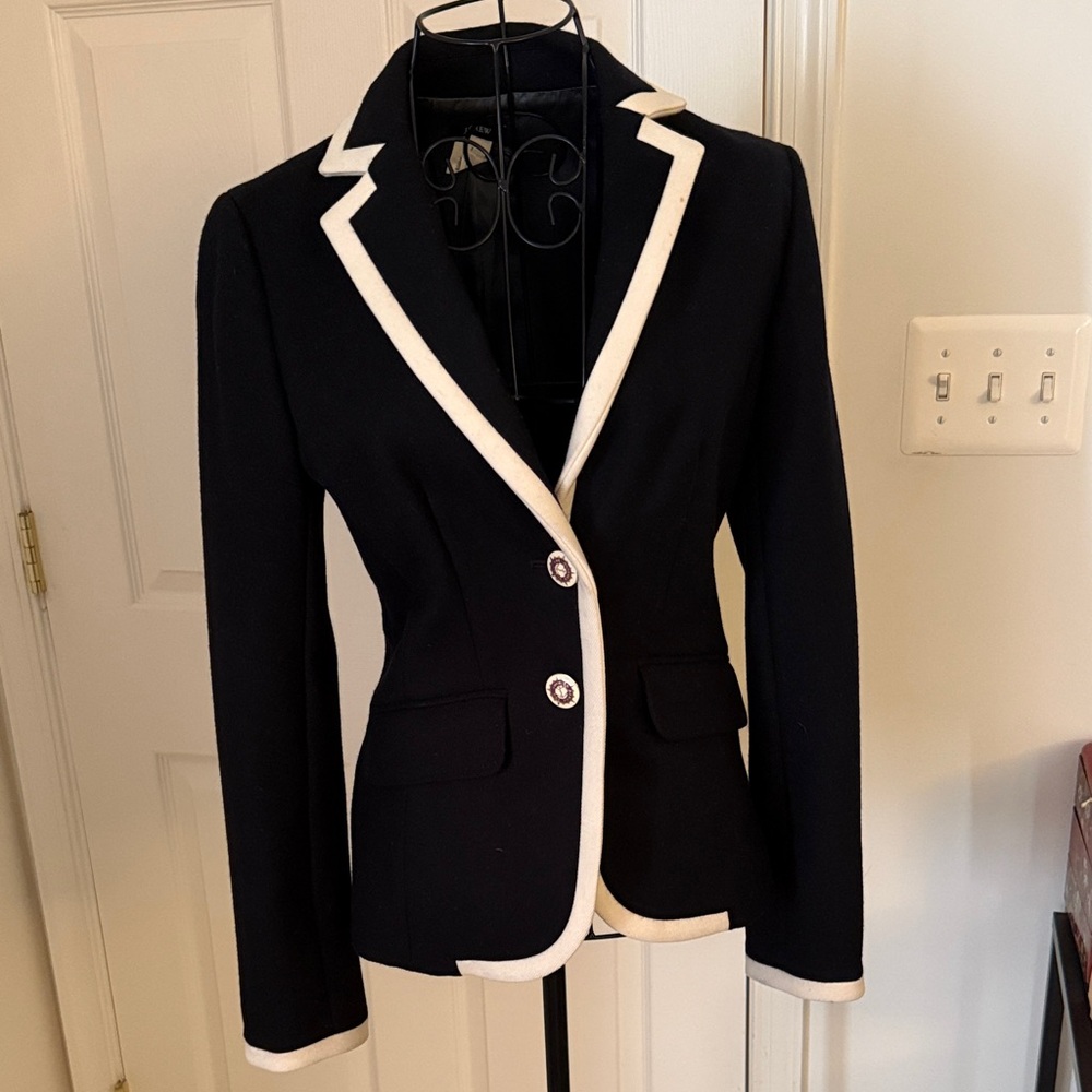 J. Crew Black Wool Blazer with White Trim
